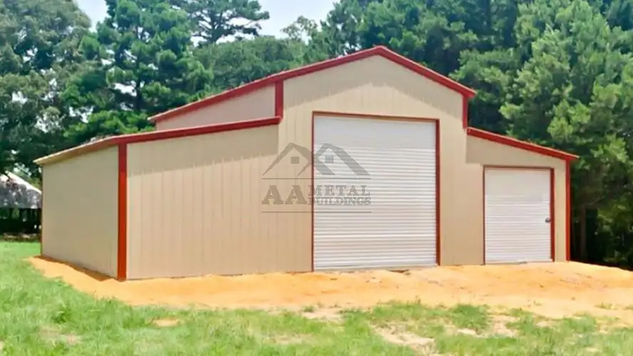 42x31 Raised Center Metal Barn with Lean-Tos, Garage Doors, and Vertical Roof Panels